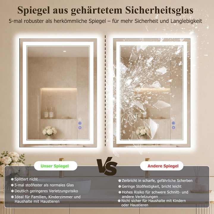 XRAMFY Badspiegel mit Beleuchtung LED 80×50CM, 3 Farbtemperaturen &amp; stufenloses Dimmen, Anti-Beschla