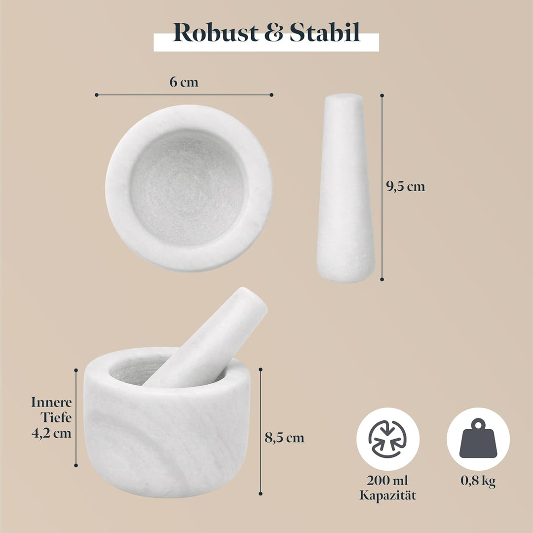 Gourmeo Mörser mit Stössel Set aus Marmor - 8,5 x 8,5 x H6cm - 200ml Mörser mit Stössel klein - Mort