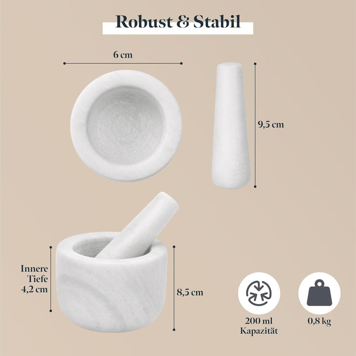 Gourmeo Mörser mit Stössel Set aus Marmor - 8,5 x 8,5 x H6cm - 200ml Mörser mit Stössel klein - Mort