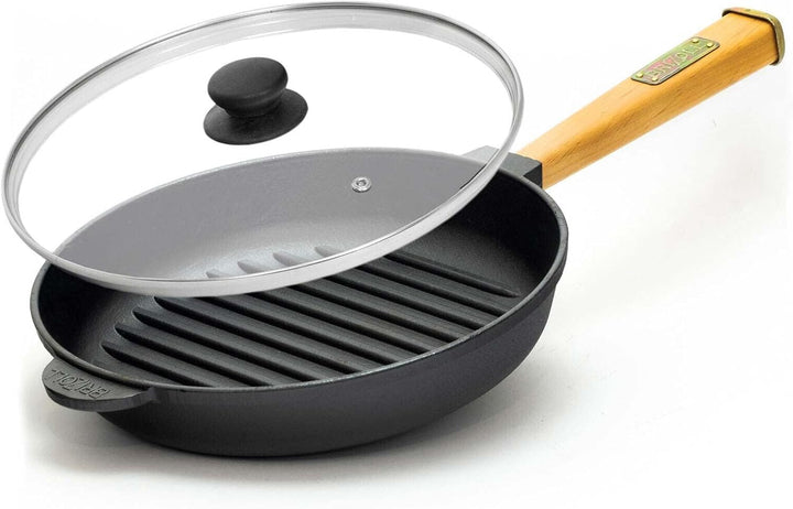 Ø28cm Grillpfanne Gusseisen mit Pressdeckel Glasdeckel Pfannenwender Induktion Holzgriff Bratpfanne