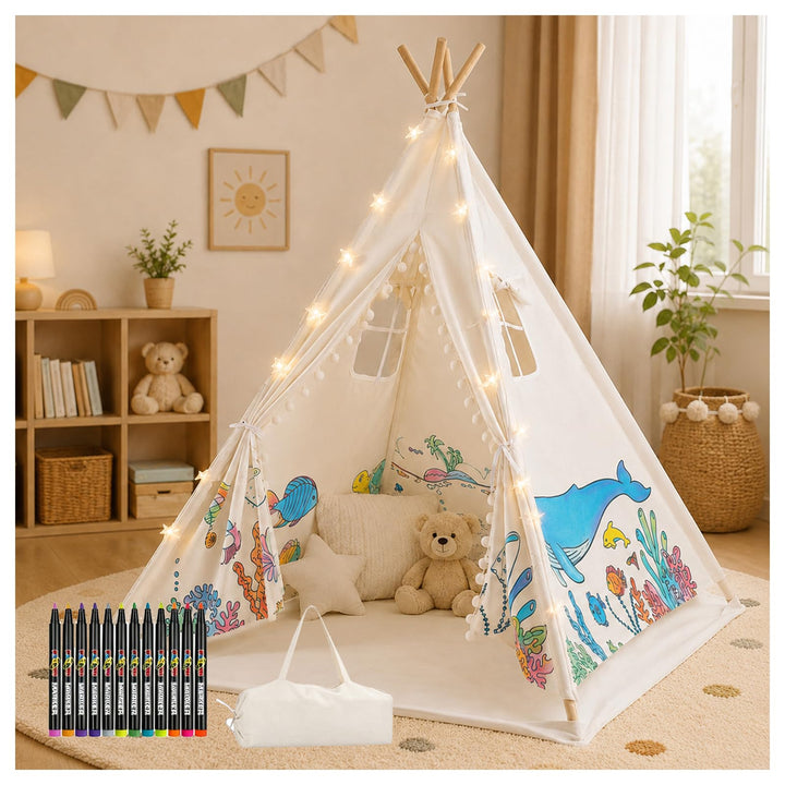 DIY Tipi Zelt für Kinder Indoor mit 12 Pinsel+Lichterkette+Tasche, 120x160cm Waschbar Kinder Zelt Ti