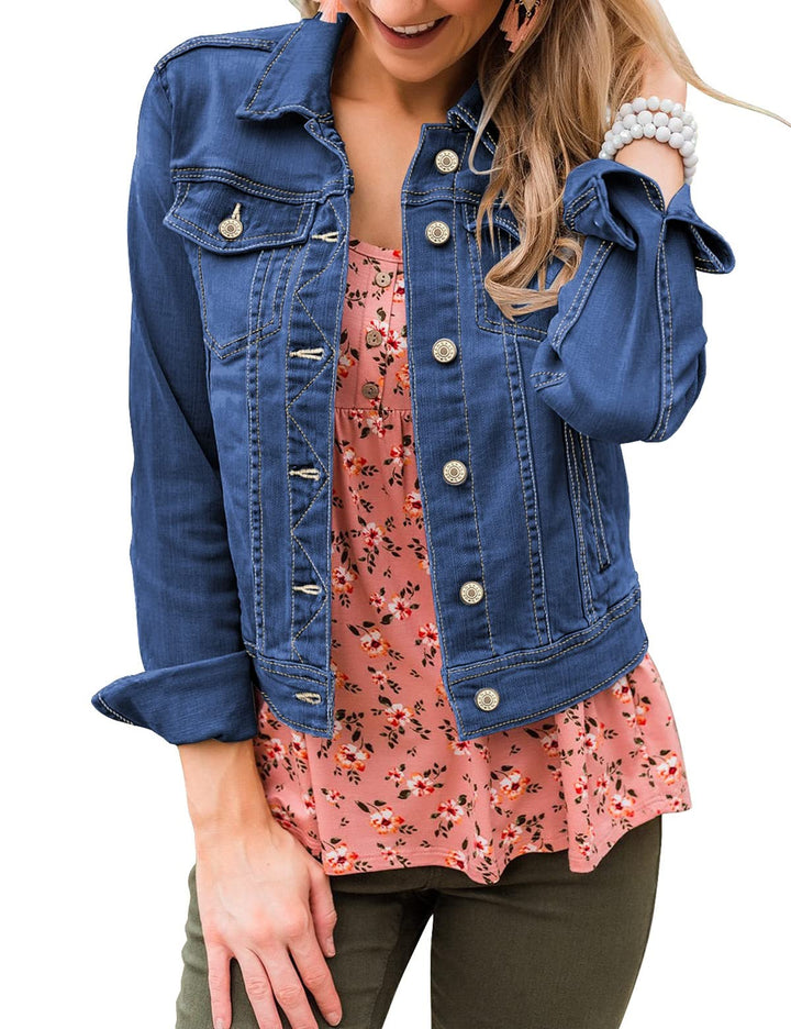 Roskiky Jeansjacken Damen Jean Stretchy Langarm Trucker Jacke mit Tasche XS Nachteinbruch blau, XS N