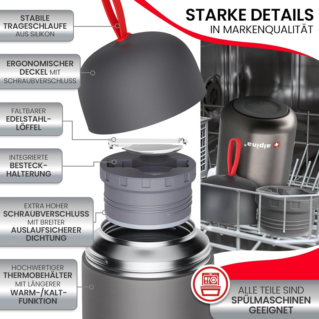 alpina Thermobehälter für Essen - SPÜLMASCHINENFESTER Thermo Becher 530ml mit Druckausgleich und fal