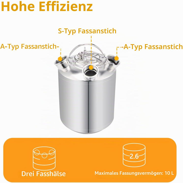 10L Bier Reinigungsfass Edelstahl, 3 Kopf ReinigungsbehäLter mit Deckel und Keg-Spiessen A,A,S, Bier