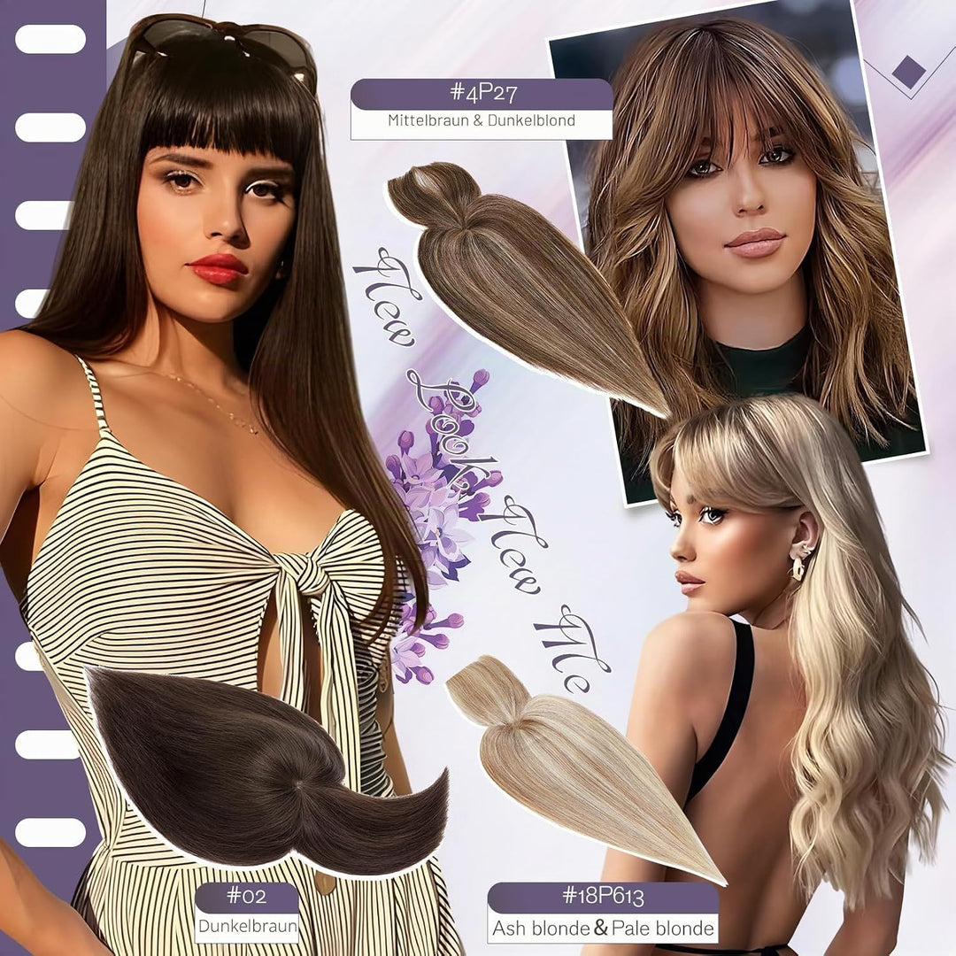 Elailite Hair Topper Echthaar, Toupet Damen mit langem Pony, Clip in Haarteil, Haartopper Basis 10x1