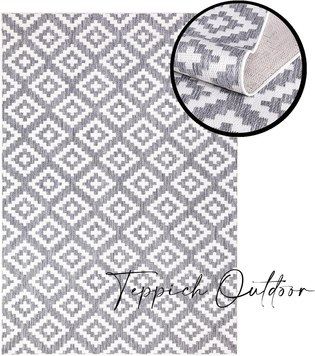 payé Outdoor Teppich Rund - 160x160cm - Wetterfest - Grau Weiss - Bordüre - Teppiche für Terrasse Ba