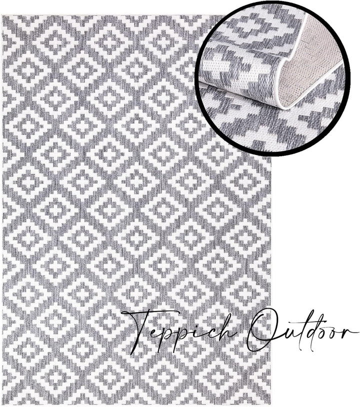 payé Outdoor Teppich Rund - 160x160cm - Wetterfest - Grau Weiss - Bordüre - Teppiche für Terrasse Ba