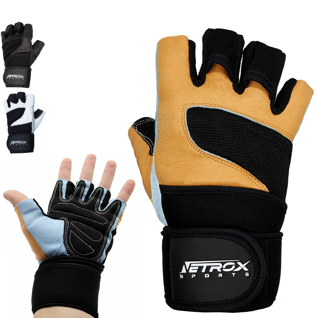 NetroxSports - Leder Trainingshandschuhe mit 40cm Handgelenkbandage für Krafttraining Kraftsport - F