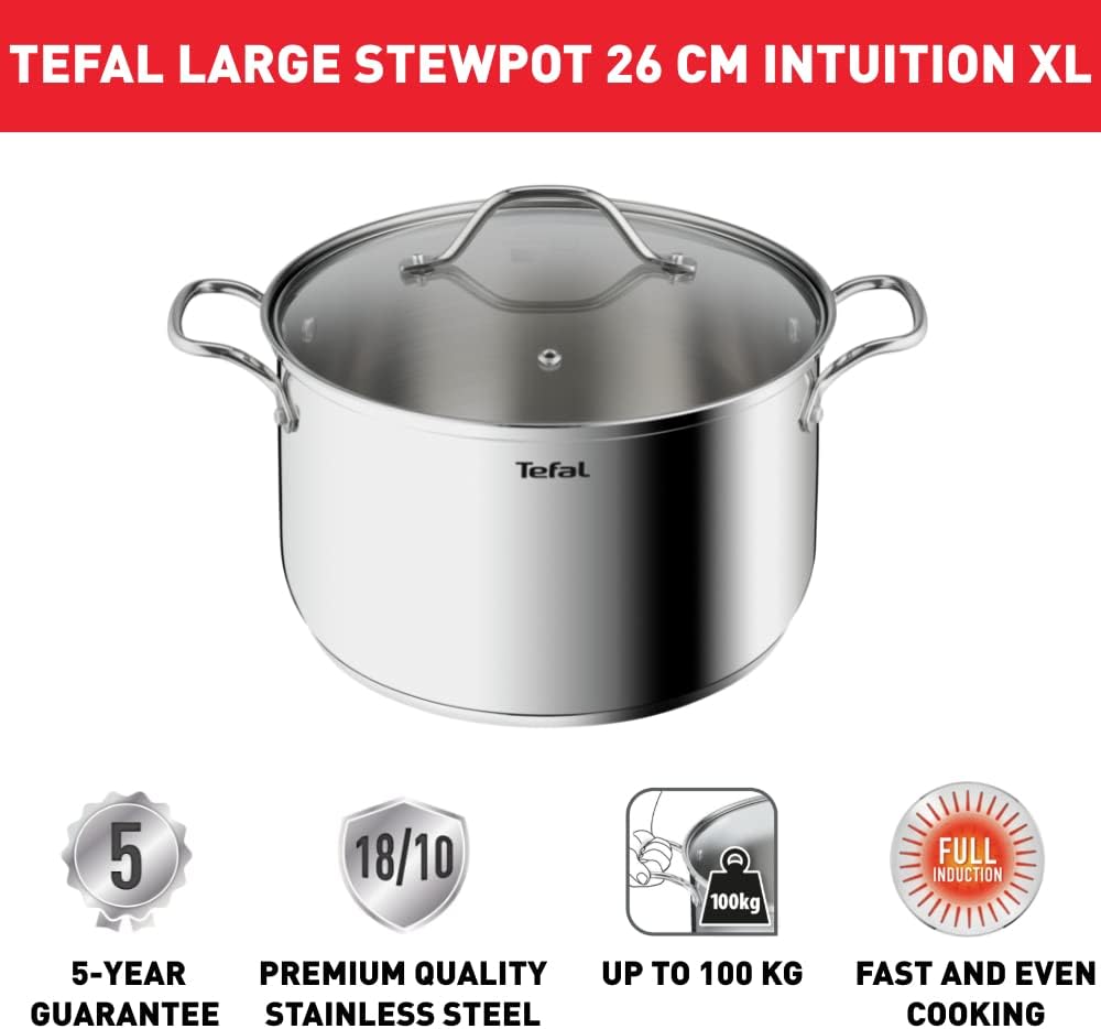 Tefal Intuition XL Grosser Kochtopf aus Edelstahl, 26 cm / 6,5 l, Induktion, Edelstahl 18/10, Premiu