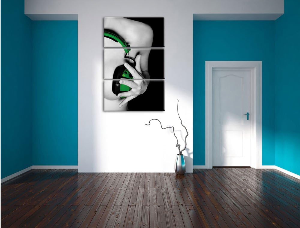 Dark Sexy Girl grüne Kopfhörer schwarz/weiss 3-Teiler Leinwandbild 120x80 Bild auf Leinwand