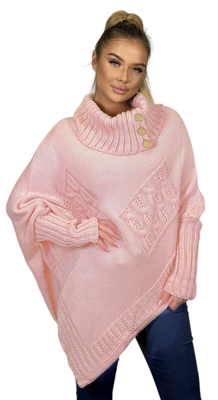 Mississhop Poncho Strick Sweatshirt Pullover Umhang Überwurf Einheitsgrösse Rosa, Einheitsgrösse Ros