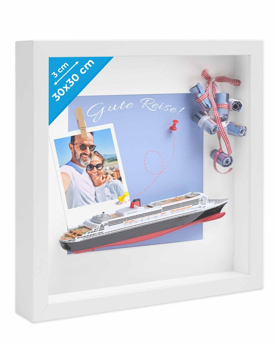 PHOTOLINI 3D Bilderrahmen zum Befüllen 30x30 Weiss gross, 3 cm tiefer Objektrahmen mit Glas, tiefer