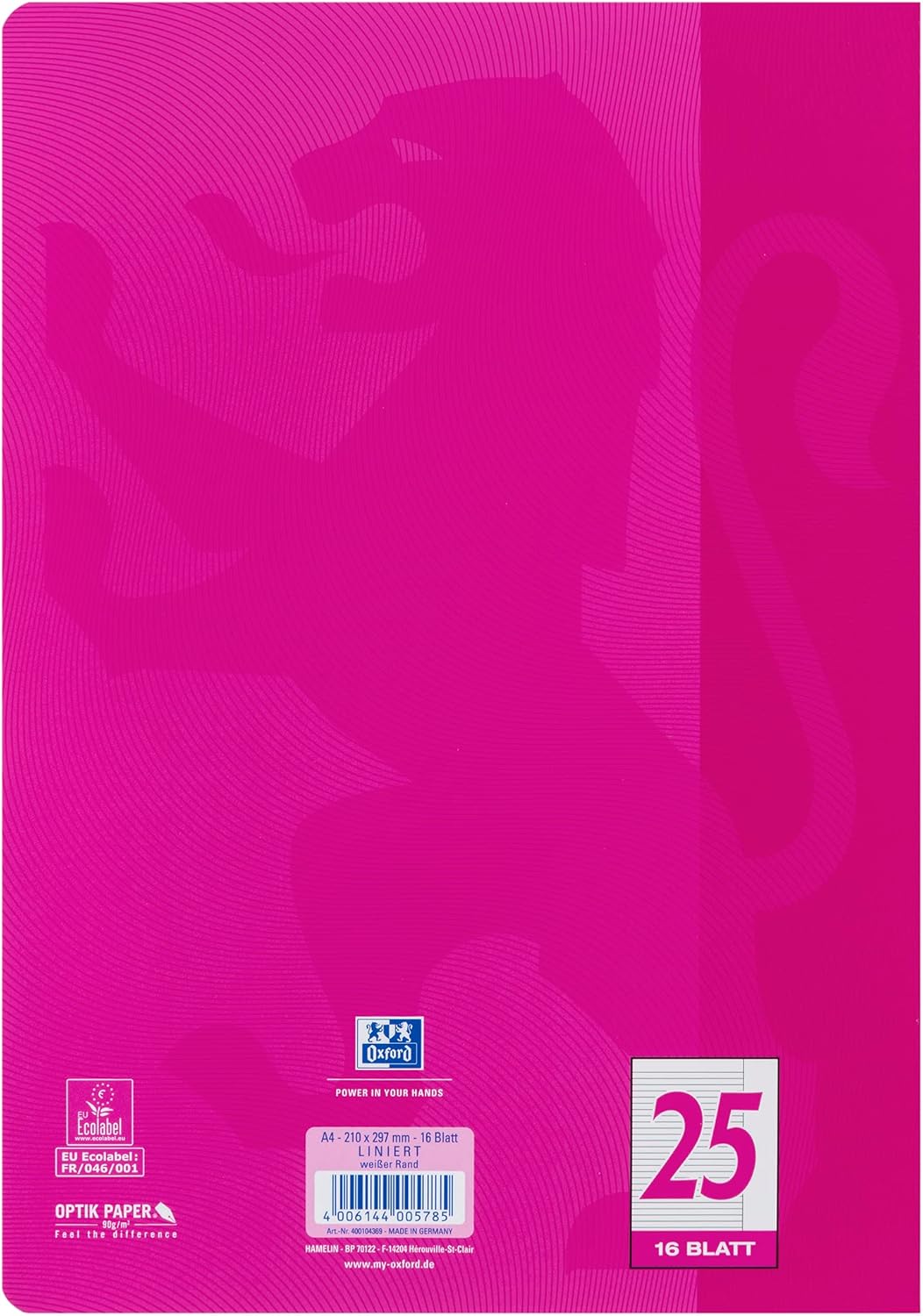 Oxford Schulheft A4, Touch, 16 Blatt, Lineatur 25, liniert, 15 Stück Pink L 25 - liniert mit Rand Ei