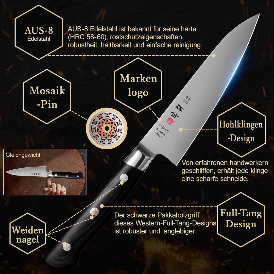 kanngou Classic. Japanisches Messer aus AUS-8 Stahl mit Kompletter Räuchergriff (Paring Knife, 13.5