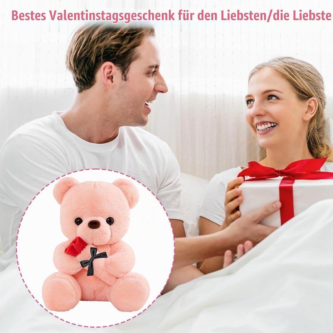 Teddybär mit Rose, Hochzeitstag Geschenke für Frauen, 25cm Rosa Plüschtier Süsse Kuscheltier Teddy m