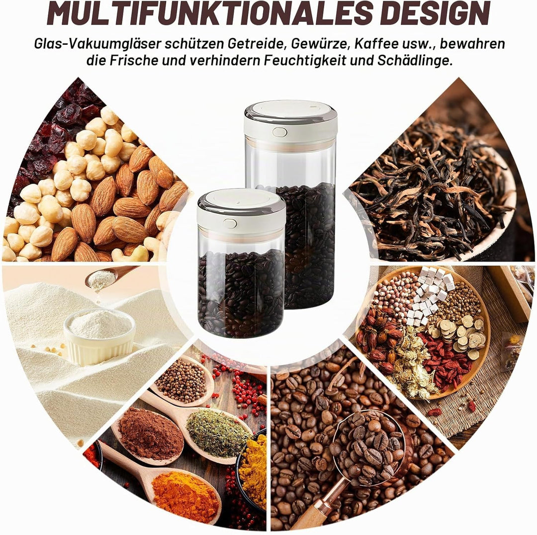 Kaffeedose luftdicht, 2 Stück kaffeedosen 1100ml 1700ml, Transparent Vakuum Kaffeebohnen Behälter Gl