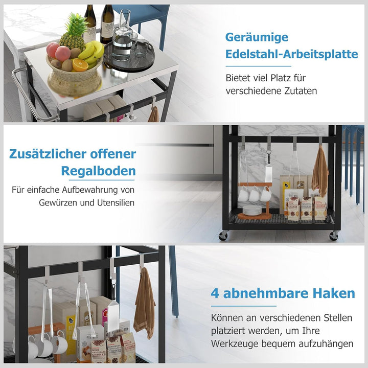 COSTWAY Grillwagen Outdoor, Grilltisch mit 2 Ablagen & 4 Rädern & Griff & 4 Haken, Pizzatisch Beiste