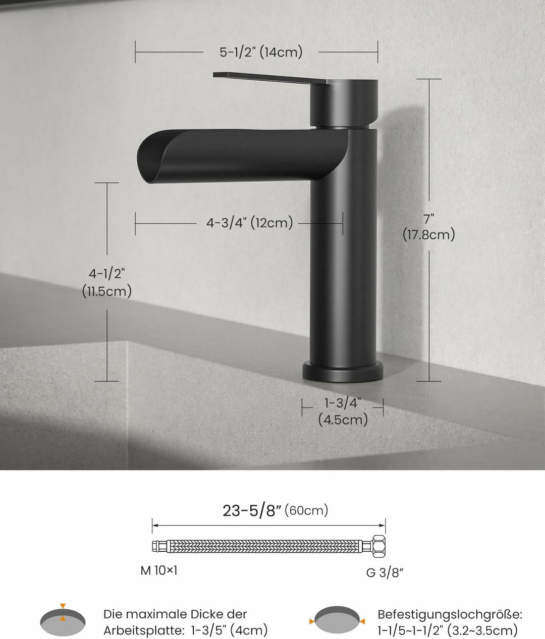 APPASO Wasserhahn Bad Schwarz, wasserfall wasserhahn, Waschbeckenarmatur mit, Auslauf Höhe 115mm, ar