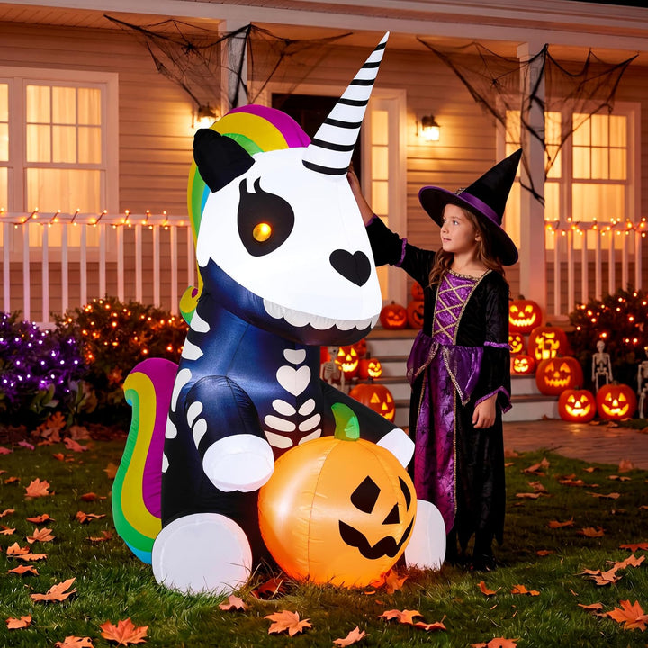 Joiedomi Aufblasbares Halloween-Skelett-Einhorn, 152 cm, aufblasbar, mit eingebauten LEDs, aufblasba