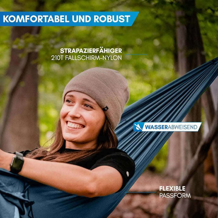 NORDMUT® Ultraleichte Hängematte Outdoor [mit Befestigungs-Set] Camping Hängematte inkl. Baumschutz-