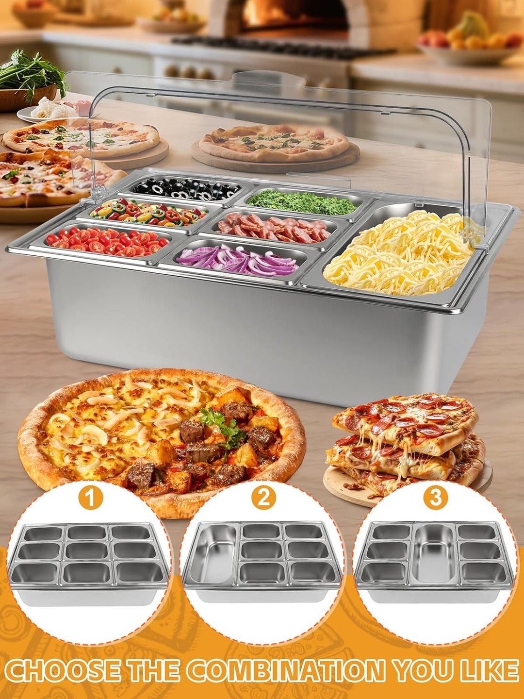 TOROKOM 10 Pfannen Edelstahl Zutatenbehälter Gewürz Organizer aus Edelstahl Salatbar Buffet Station