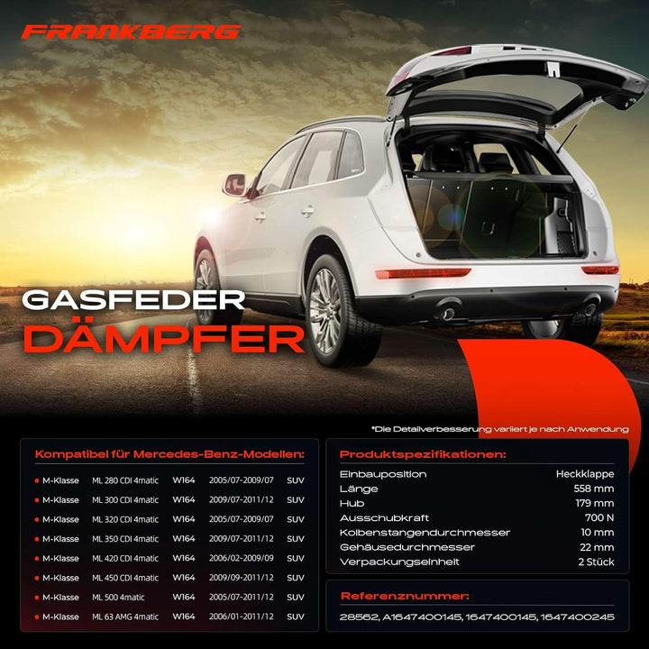 Frankberg 2x Gasfeder Dämpfer Heckklappe Kompatibel mit M-Klasse W164 280 300 320 350 420 450 500 63