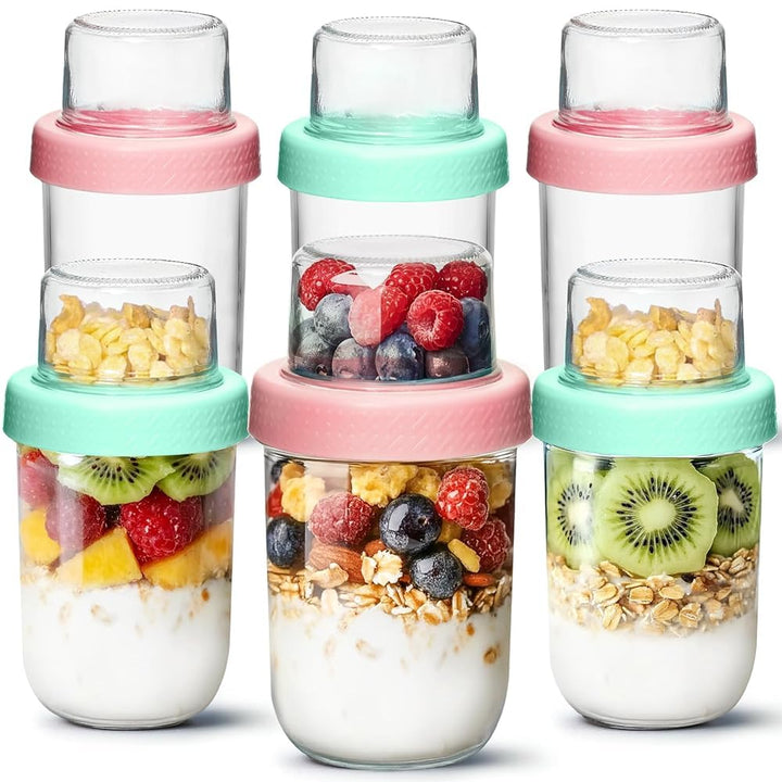 ComSaf 6er Overnight Oats Gläser, 480ml+120ml Müslibecher to go, Joghurtbecher mit Doppelschicht-Des