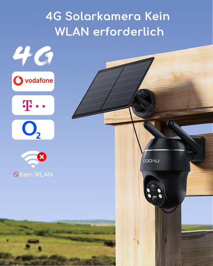 COOAU 4G LTE Überwachungskamera Aussen Akku mit SIM Karte+64GB Kartenspeicher+Solarpanel, Kamera übe