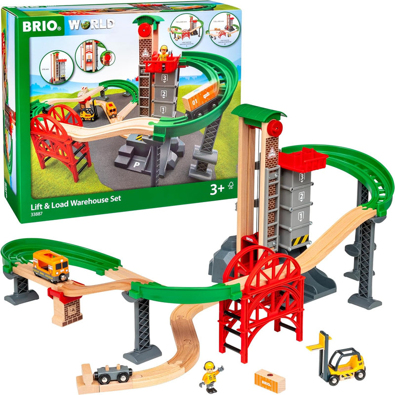 BRIO World 33887 Grosses Lagerhaus-Set mit Aufzug - Zubehör Holzeisenbahn - Konstruktionsspielzeug e