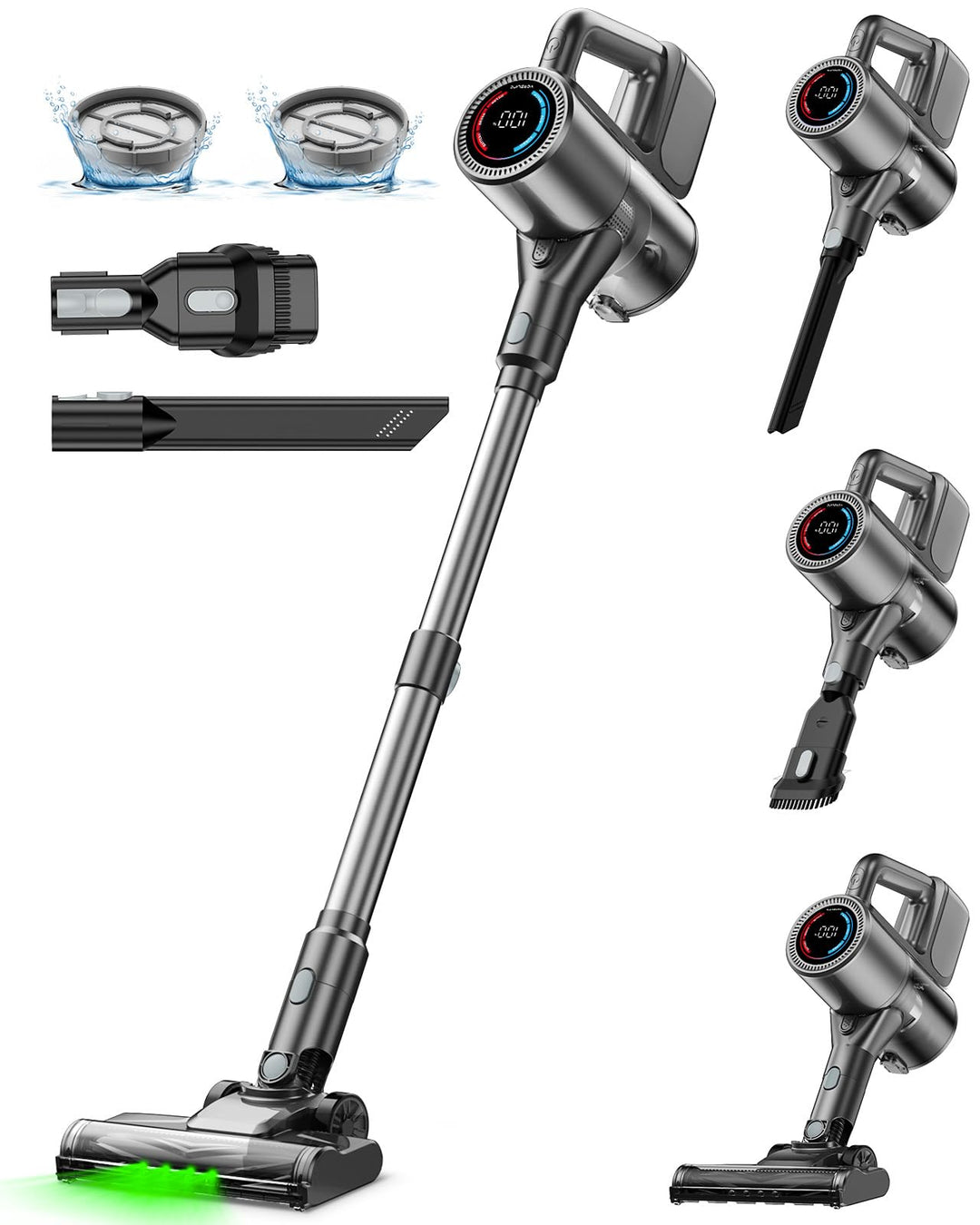 VersLife Akku Staubsauger Kabellos, 500W/45KPA Stabstaubsauger mit LED-Display und grüne Frontleucht