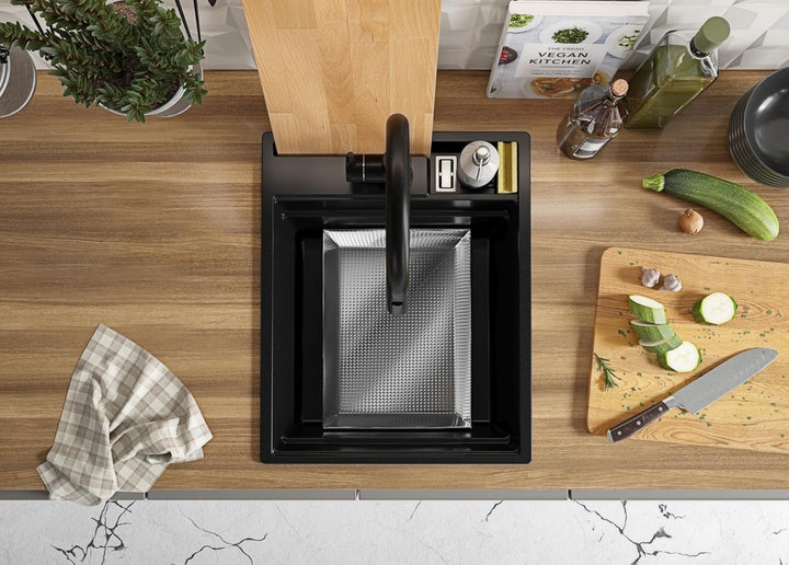 Spülbecken Schwarz 43x53 cm, Granitspüle 1 Becken + Ablauf-Set + Küchenarmatur, Küchenspüle ab 45er