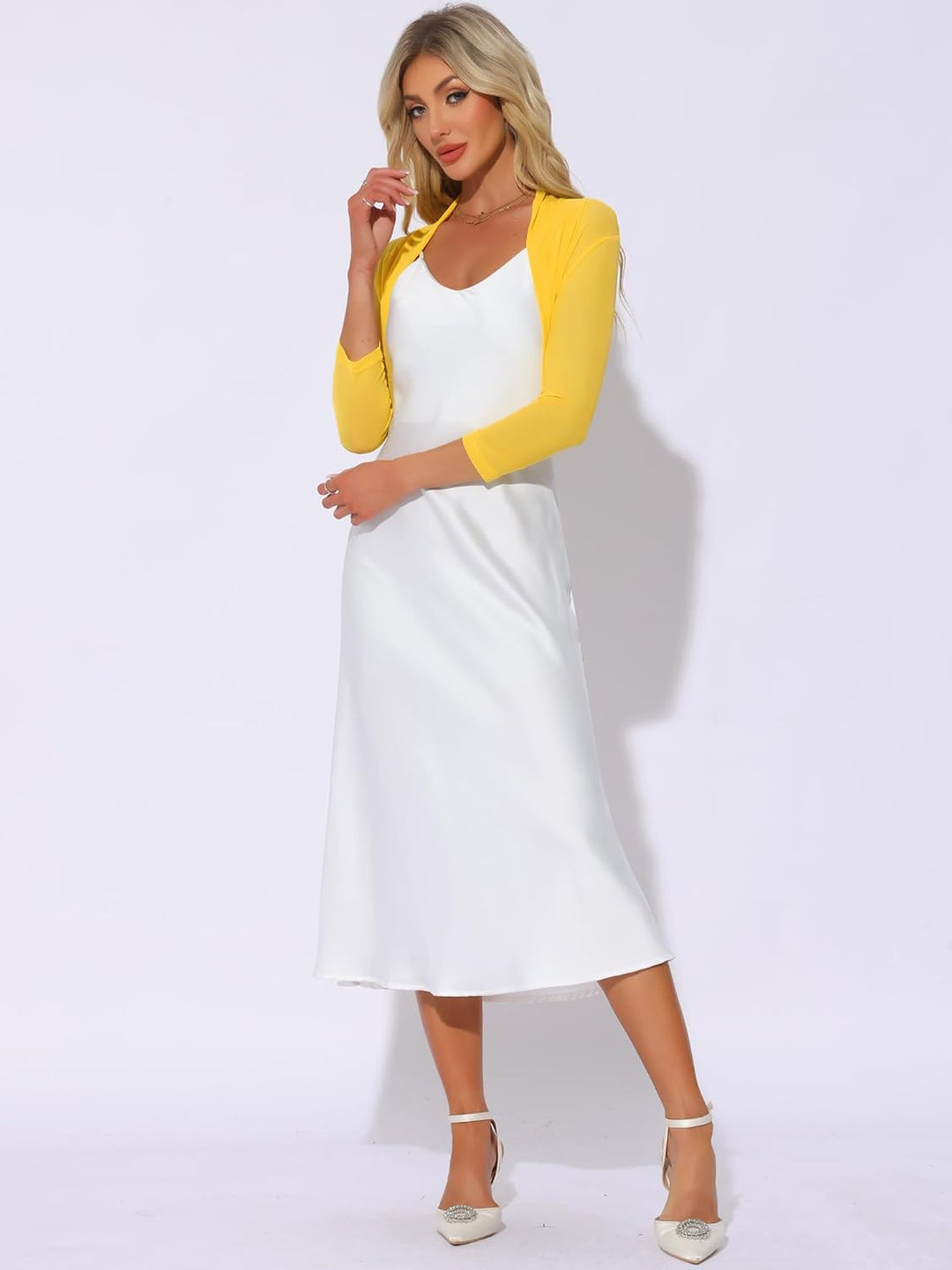 Allegra K Damen Bolero Festlich 3/4 Ärmel Rüschen Mesh Durchsichtig Crop Strickjacke Shrug Boleros X
