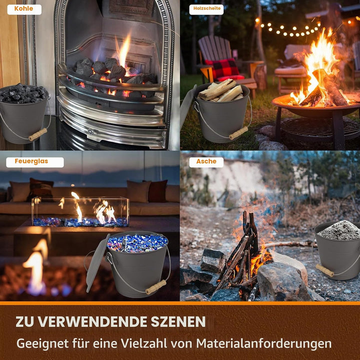 BRIAN &amp; DANY Ascheeimer mit Deckel, Feuerfest Runder Kohleeimer für Kamine, 5L Eimer mit Schaufel un