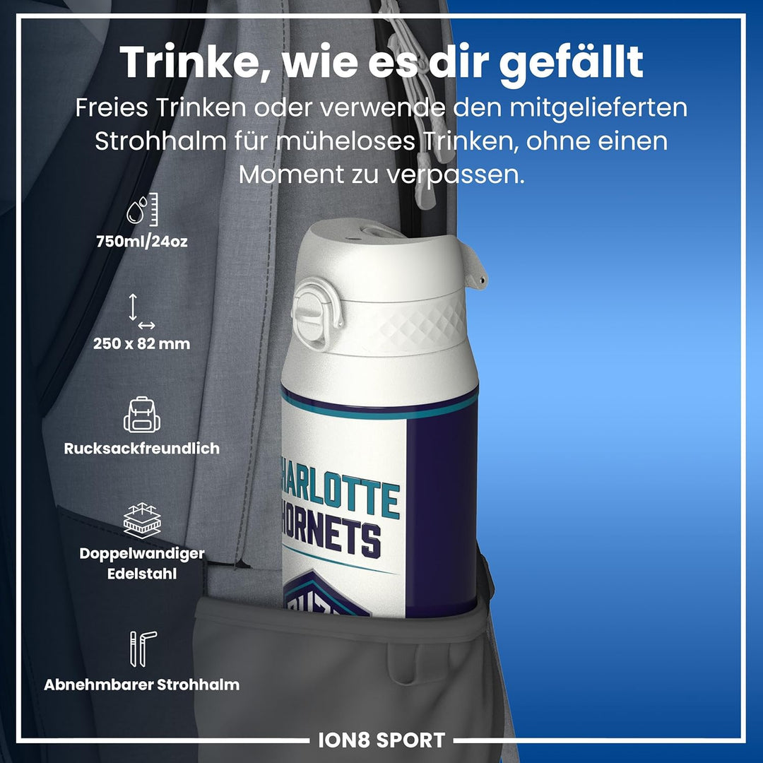 ion8 NBA Charlotte Hornets Trinkflasche Mit Herausnehmbarem Strohhalm, 750ml/24oz, Auslaufsichere Is