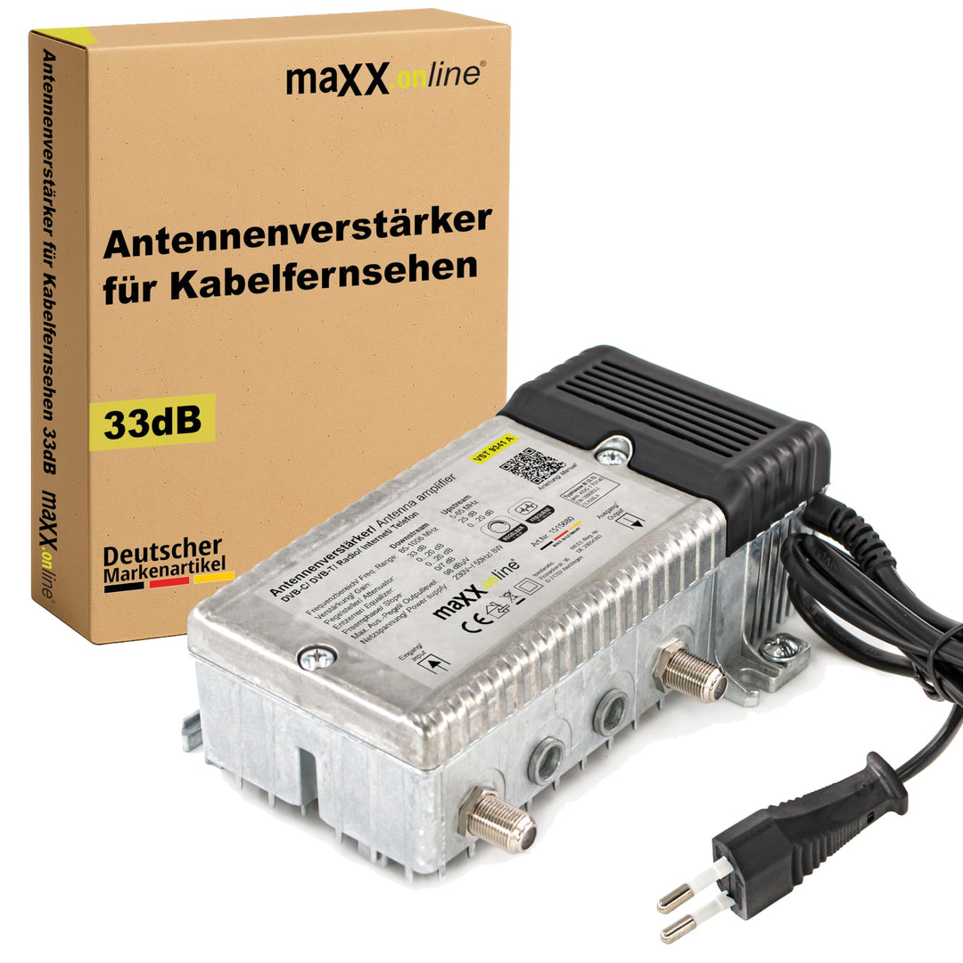 maxx.onLine Antennenverstärker für Kabelfernsehen 33 dB Verstärkung mit Rückkanal 1 GHz, DVB-T2, Hau