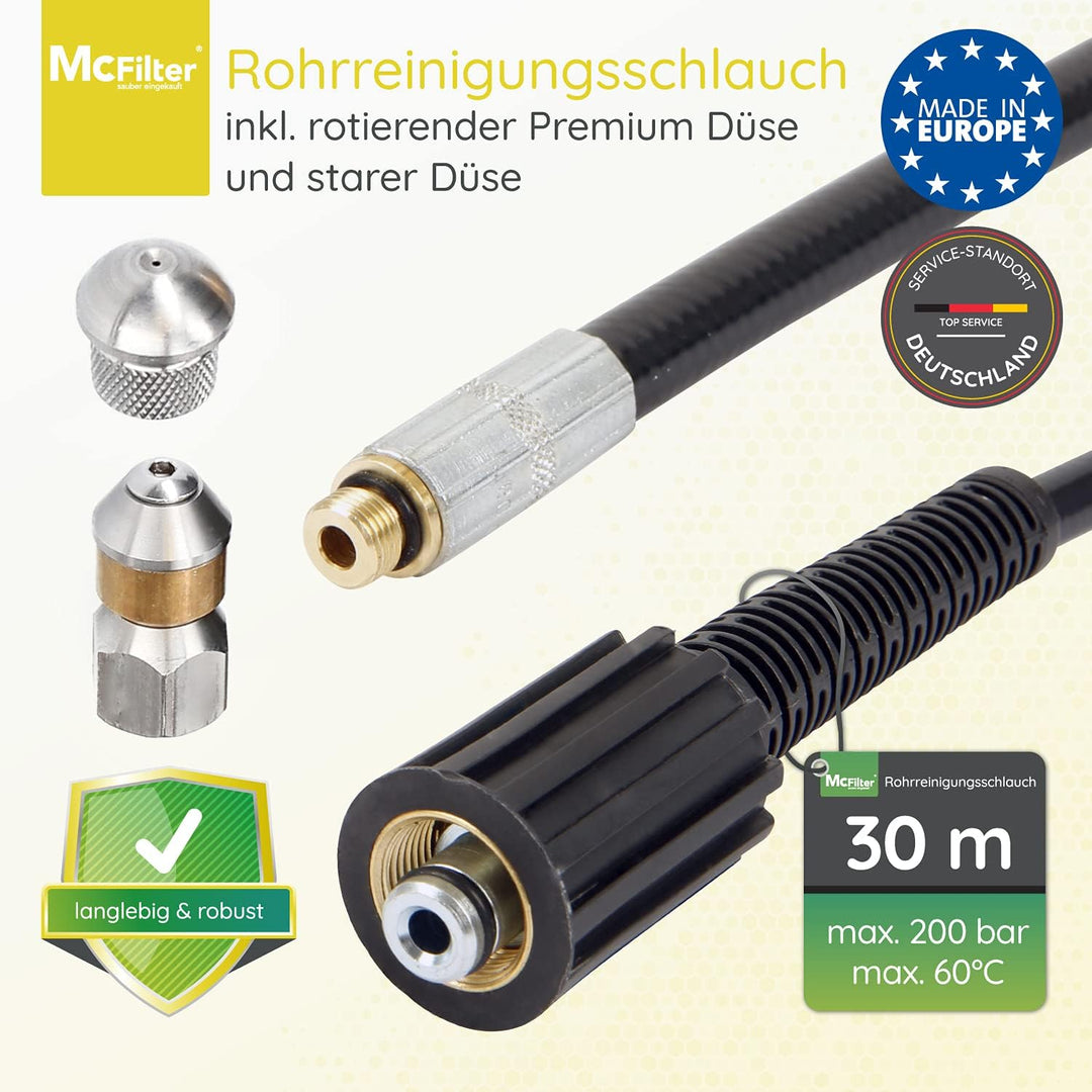McFilter | Rohrreinigungsschlauch, 30m, 200 bar, 60 °C inkl. Düsen starr + rotierend für Hochdruckre