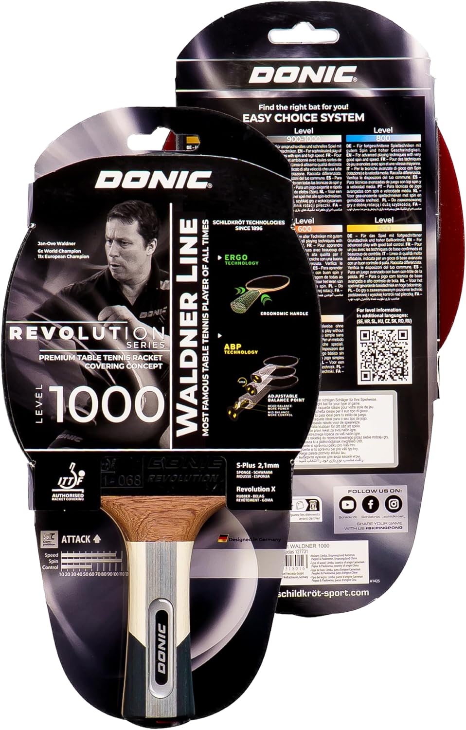 Donic-Schildkröt Tischtennisschläger Waldner 1000, ABP-Griff, 2,1 mm Schwamm, Easy Slick - ITTF Bela
