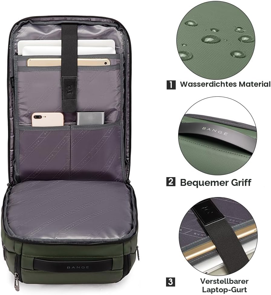 BANGE Business-Smart-Rucksack, wasserdicht, 39,6 cm (15,6 Zoll), Laptop-Rucksack mit USB-Ladeanschlu
