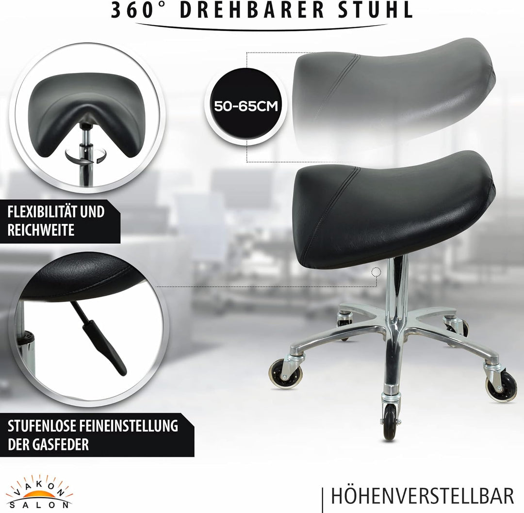 Premium Sattelhocker, Sattelstuhl für Rückenentlastung, Rollhocker höhenverstellbar von 50-65 cm Dre
