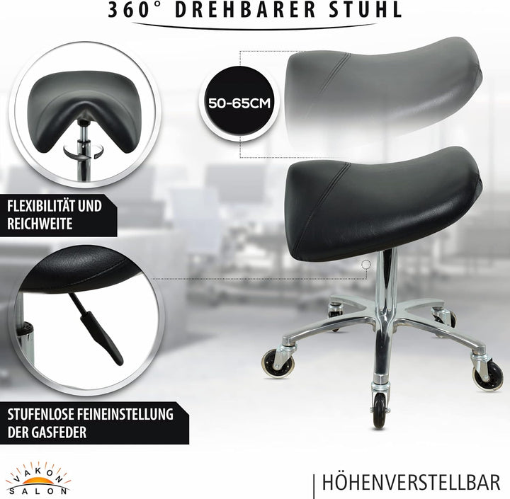 Premium Sattelhocker, Sattelstuhl für Rückenentlastung, Rollhocker höhenverstellbar von 50-65 cm Dre
