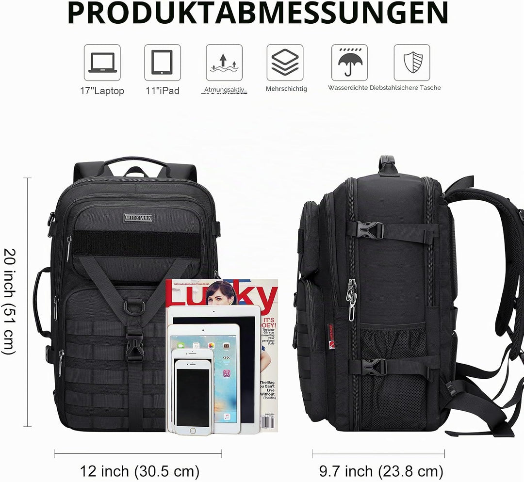 WITZMAN Reiserucksack Herren 45L Gross Nylon 3 in 1 Reisetasche Rucksack für Flugzeug Fit 17 Zoll La