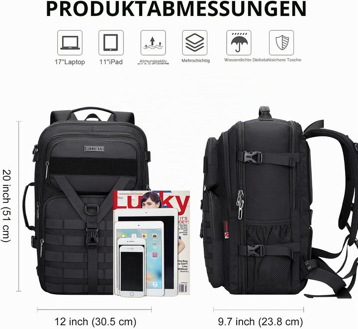 WITZMAN Reiserucksack Herren 45L Gross Nylon 3 in 1 Reisetasche Rucksack für Flugzeug Fit 17 Zoll La