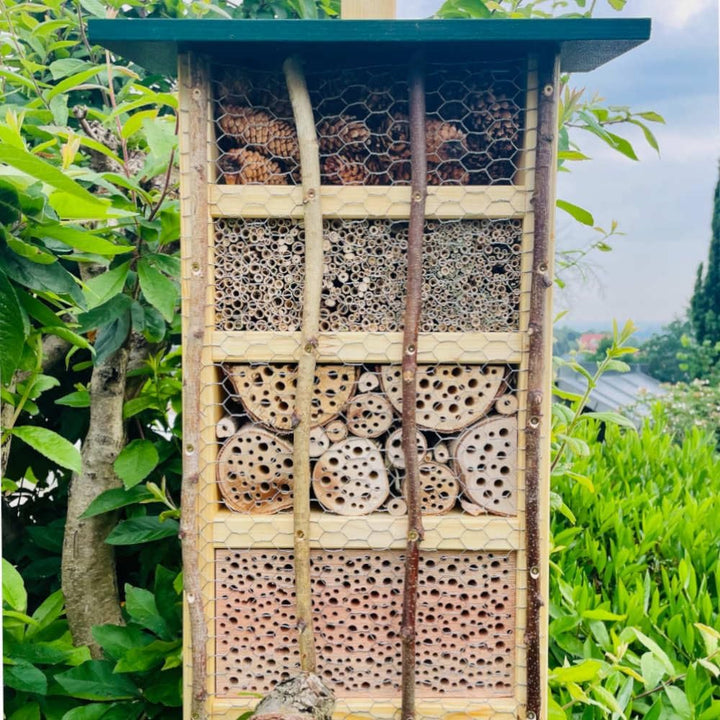 DARLUX handgefertigtes, hochwertiges Holz Insektenhotel XL Wildbienen-Nisthilfe Insektenhaus Natur/G