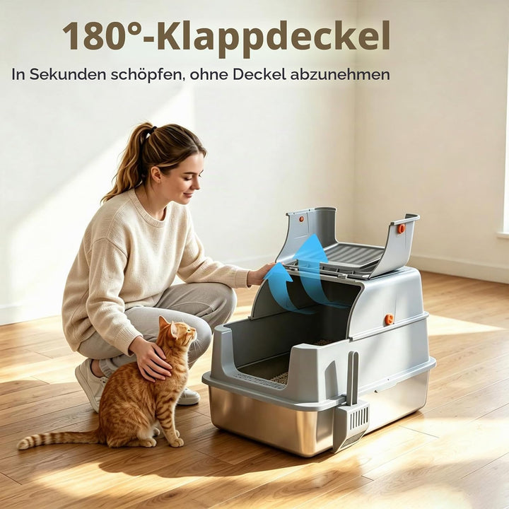 Edelstahl-Katzentoilette mit Deckel – hohe Seitenwände, geschlossene Metallwanne, Kratzfest &amp; urindi