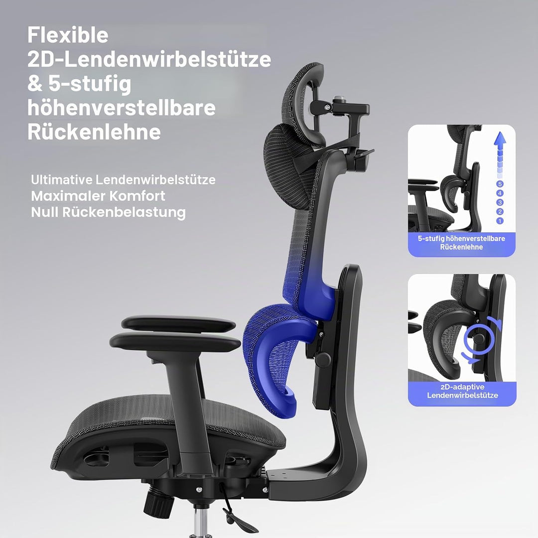 Ergonomischer Bürostuhl Schreibtischstuhl, Netzstoff Drehstuhl mit 2D-Lendenwirbelstütze &amp; 3D-Kopfst