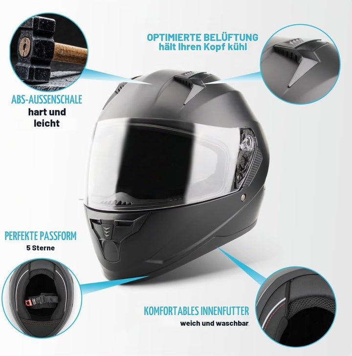 VINZ Kennet Integralhelm mit Sonnenblende | Motorrad Helm Vollvisierhelm Mopedhelm | Motorradhelm Fu