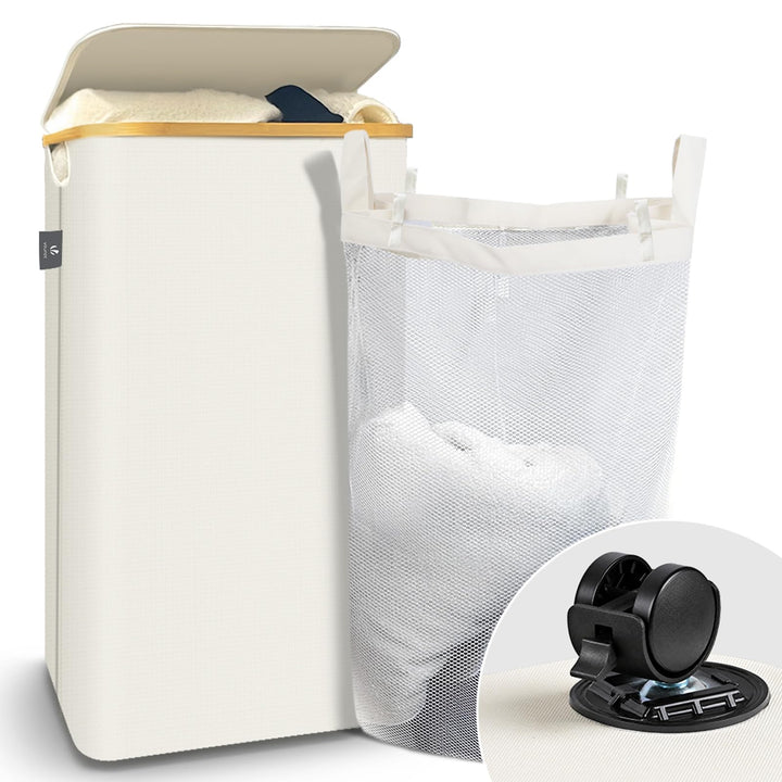 VOUNOT Wäschekorb mit Deckel 100L, Faltbarer Wäschesammler mit Herausnehmbar Wäschesäcke, Laundry Ba