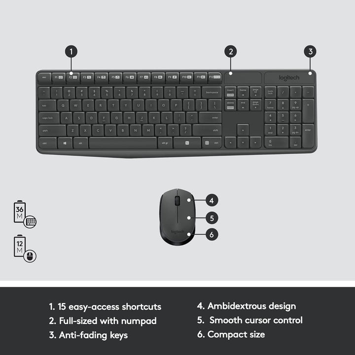 Logitech MK235 Kabelloses Set mit Tastatur und Maus für Windows, US QWERTY-Layout - Grau