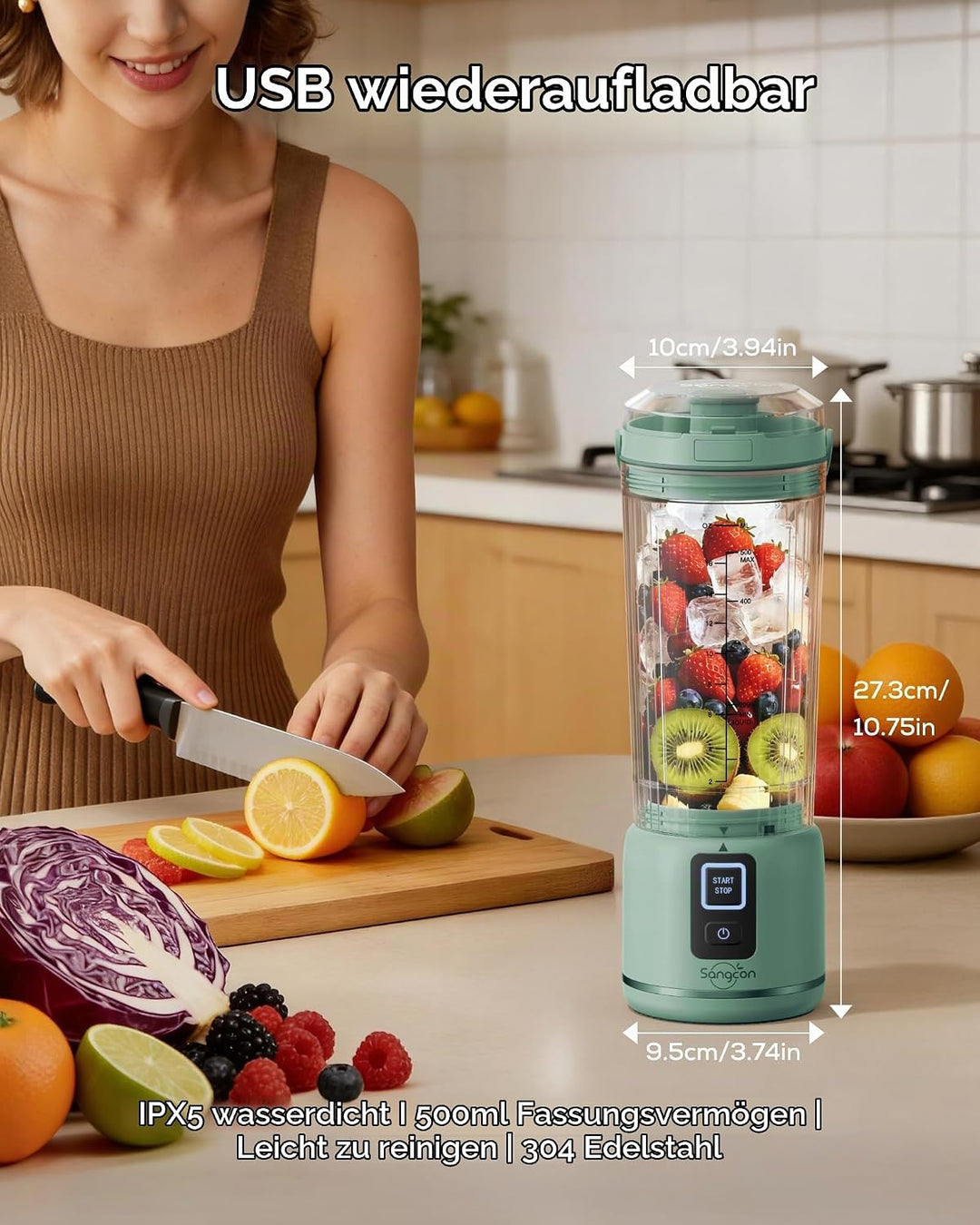 Sangcon Tragbarer Mixer 500ml, Smoothie Maker USB Wiederaufladbar, Mini Standmixer für Fitness, Camp