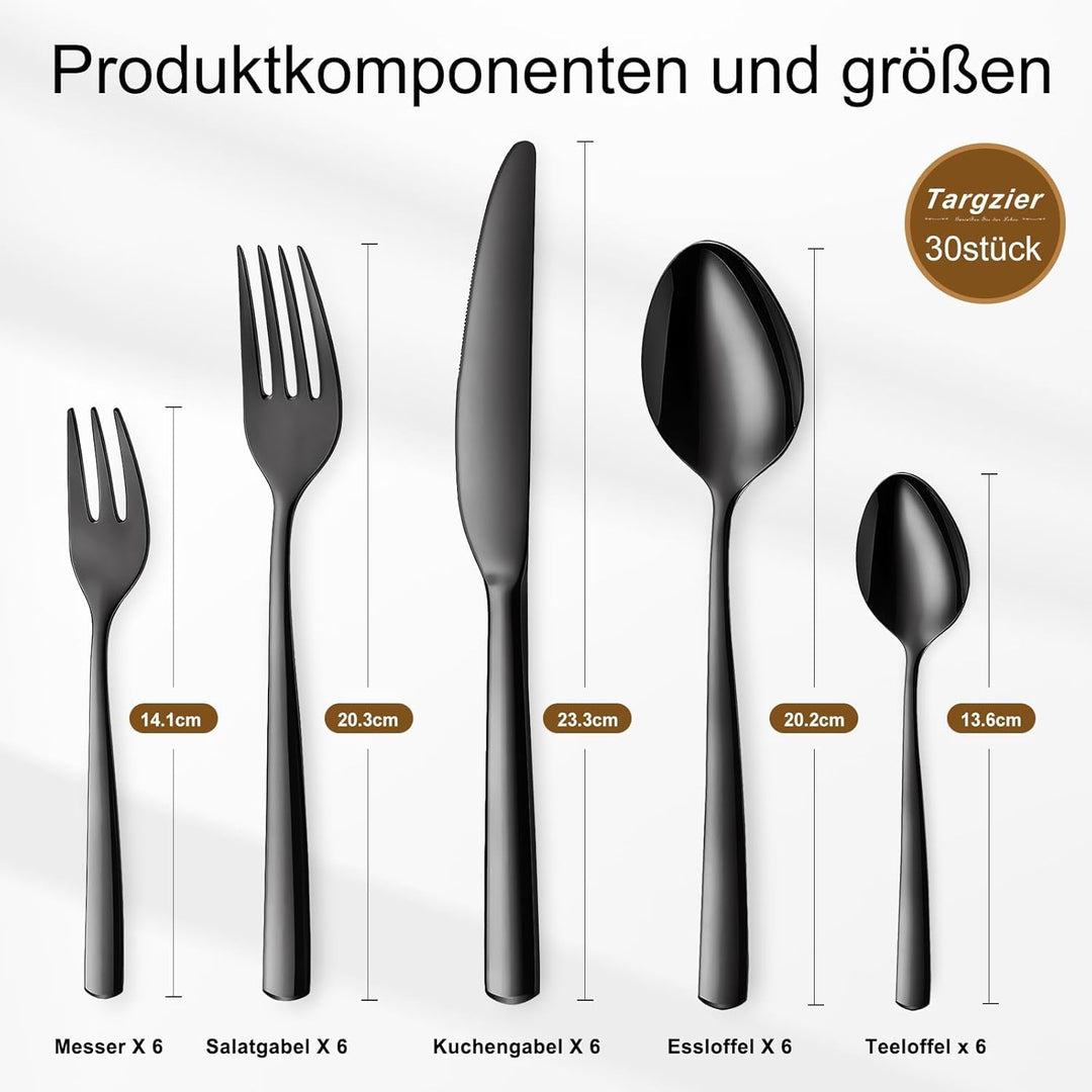 Schwarz Besteck Set 6 Personen, 30-teilig Edelstahl Besteck Schwarz, Schwarzes Besteck Set mit Messe